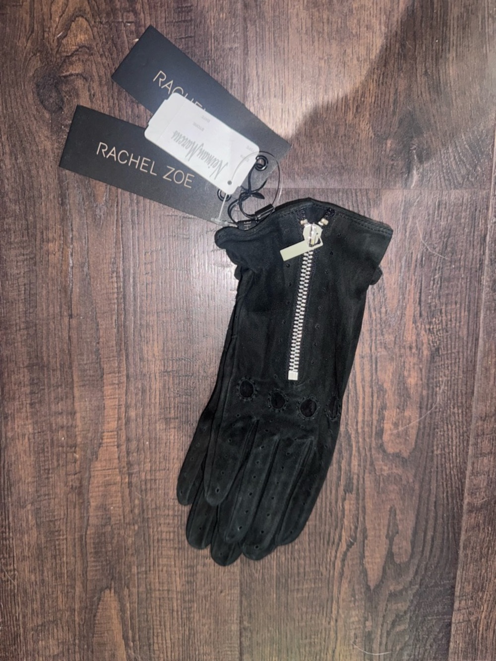 100% Genuine Leather Driving Gloves Black with Silver Zip Rachel Zoe